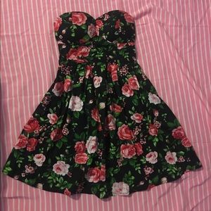 Black Floral Strapless Mini Dress